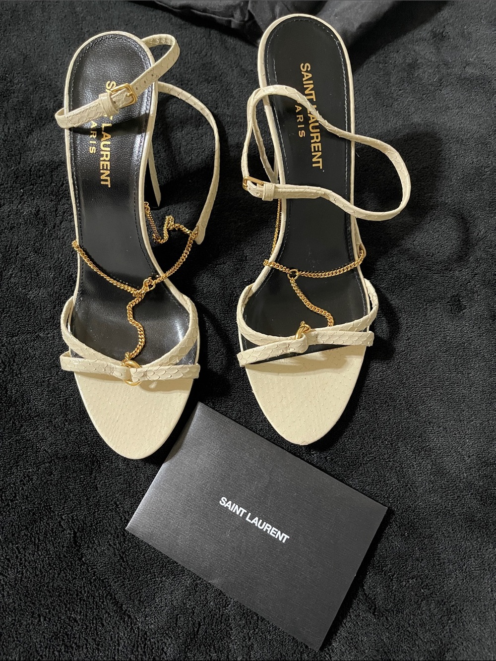 Saint Laurent Cream Leather Chain-Detail Strappy Heels